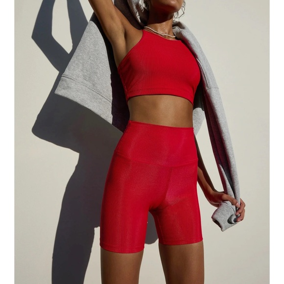 New Beach Riot Red Ribbed Biker Shorts Anna crop tank top set S - Picture 1 of 14